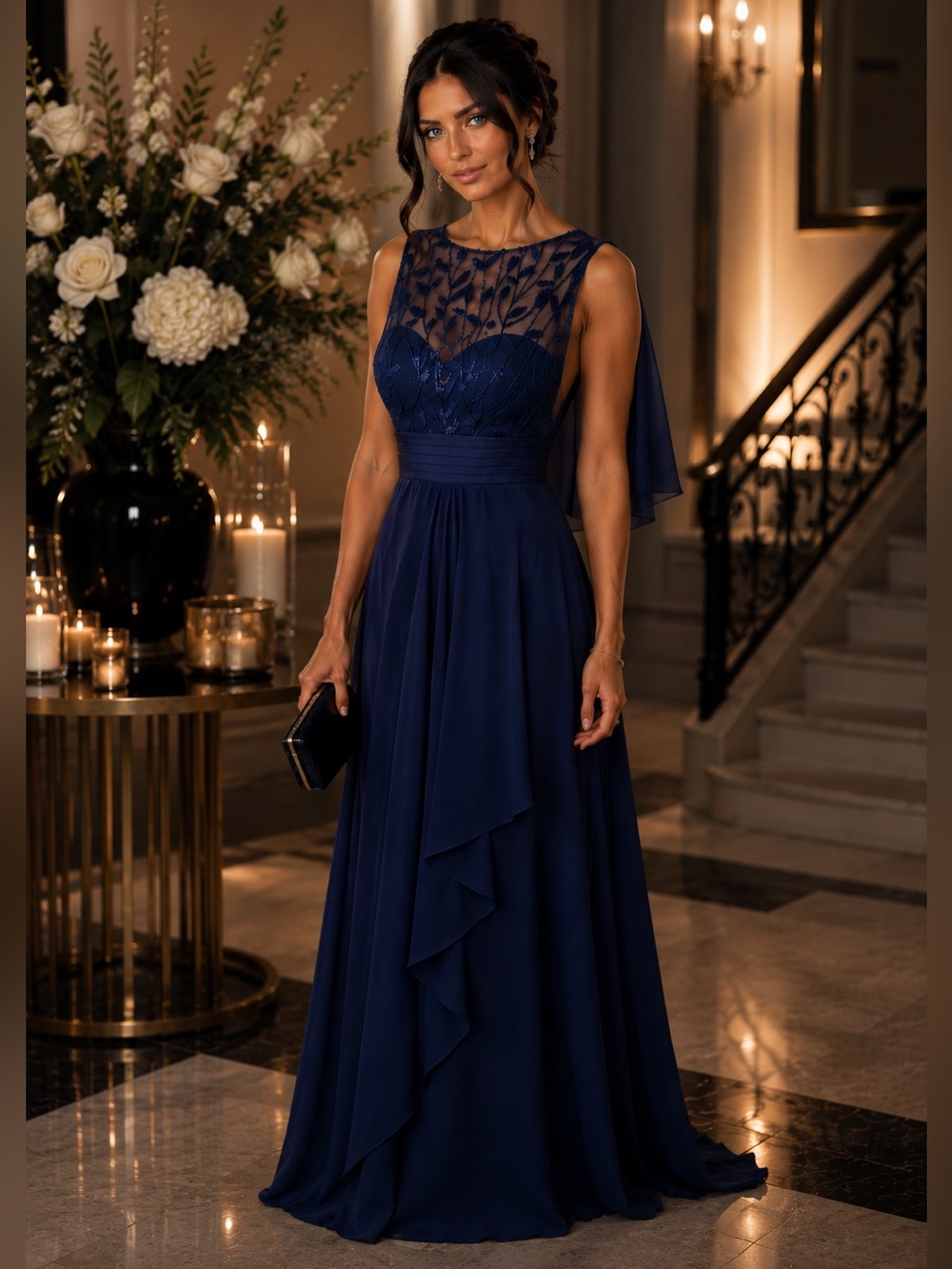 Elegant Navy Blue Evening Gown with Sheer Embellished Bodice